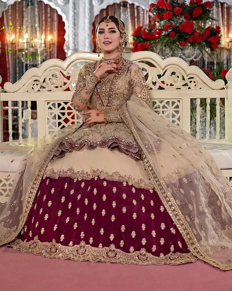 Pakistani Bridal Dress in Peplum and Lehenga Style