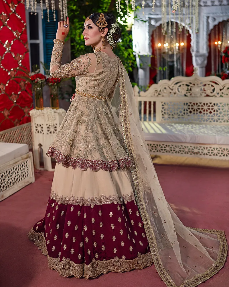 Pakistani Bridal Dress in Peplum and Lehenga Style