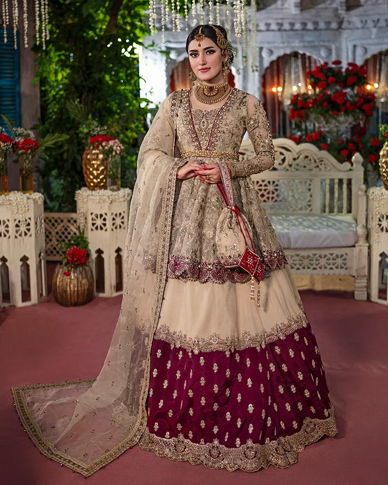 Pakistani Bridal Dress in Peplum and Lehenga Style