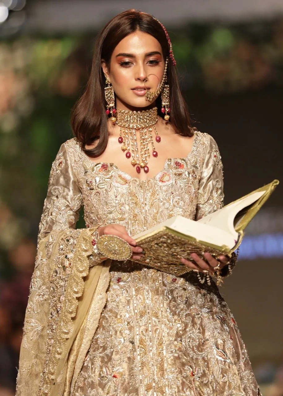Pakistani Bridal Gown Dress for Wedding in Gold Color #J5171