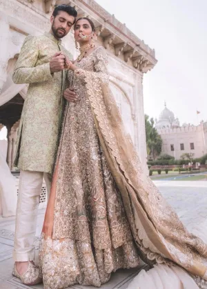 Pakistani Bridal Gown Dress for Wedding in Gold Color #J5171
