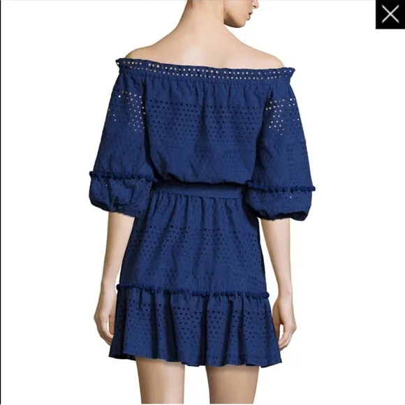 Parker Haven Eyelet Ruffle Tiered Pompon Balls Navy Blue A-Line Belted Dress