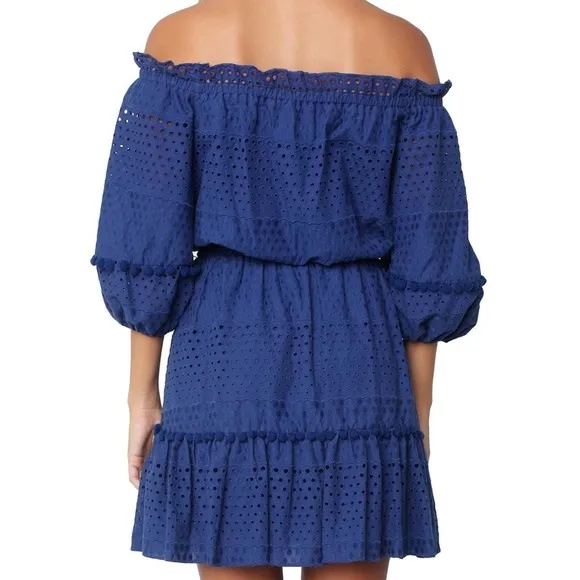 Parker Haven Eyelet Ruffle Tiered Pompon Balls Navy Blue A-Line Belted Dress