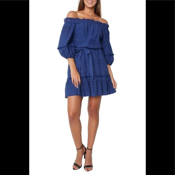Parker Haven Eyelet Ruffle Tiered Pompon Balls Navy Blue A-Line Belted Dress