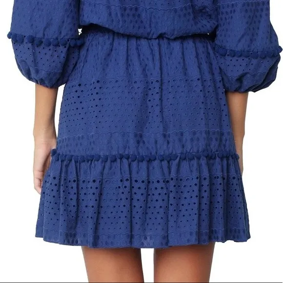 Parker Haven Eyelet Ruffle Tiered Pompon Balls Navy Blue A-Line Belted Dress
