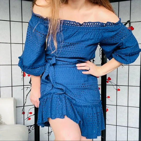 Parker Haven Eyelet Ruffle Tiered Pompon Balls Navy Blue A-Line Belted Dress
