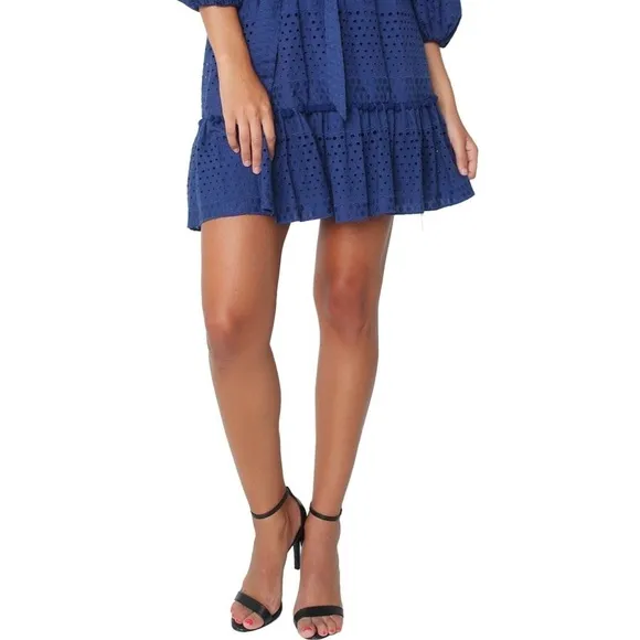 Parker Haven Eyelet Ruffle Tiered Pompon Balls Navy Blue A-Line Belted Dress
