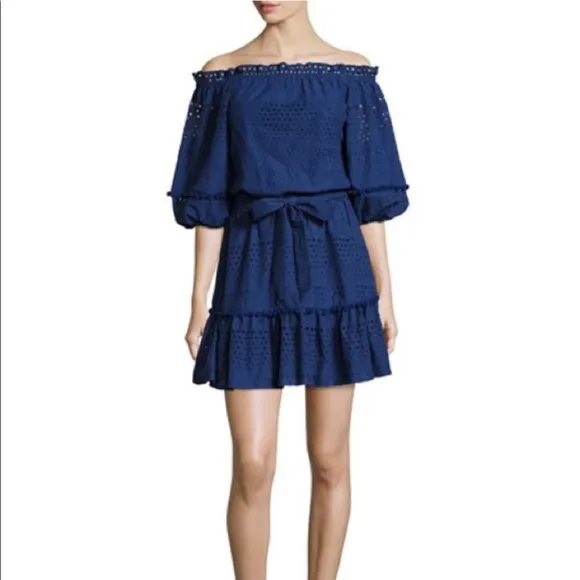 Parker Haven Eyelet Ruffle Tiered Pompon Balls Navy Blue A-Line Belted Dress