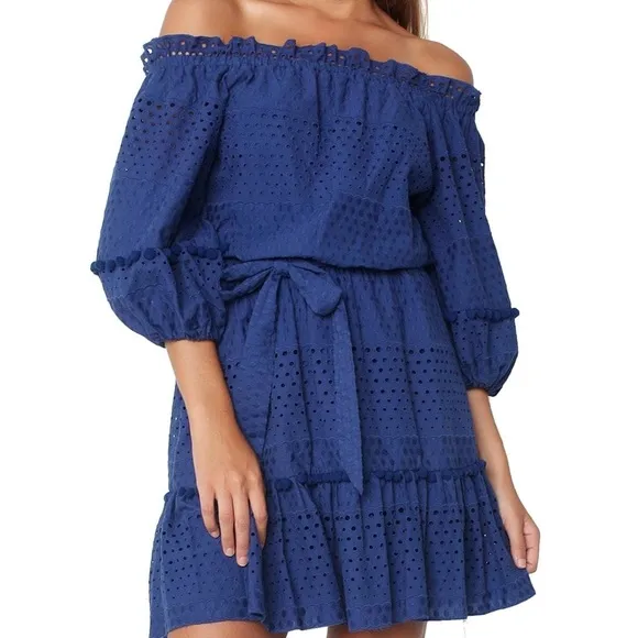 Parker Haven Eyelet Ruffle Tiered Pompon Balls Navy Blue A-Line Belted Dress