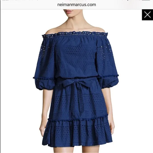 Parker Haven Eyelet Ruffle Tiered Pompon Balls Navy Blue A-Line Belted Dress