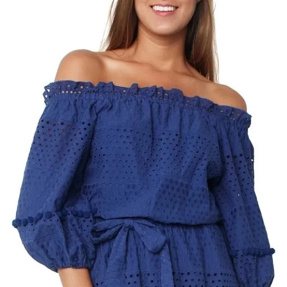 Parker Haven Eyelet Ruffle Tiered Pompon Balls Navy Blue A-Line Belted Dress