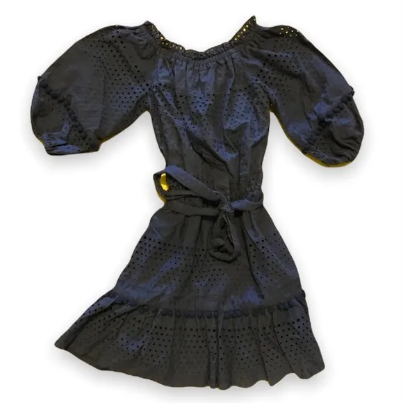 Parker Haven Eyelet Ruffle Tiered Pompon Balls Navy Blue A-Line Belted Dress