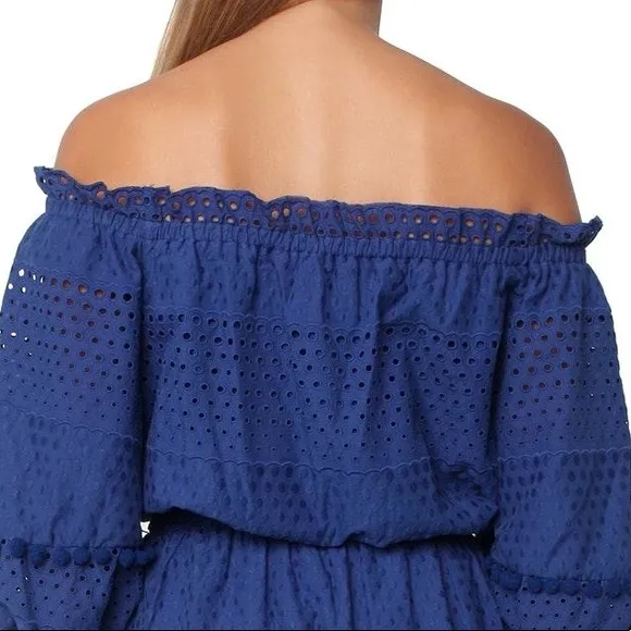 Parker Haven Eyelet Ruffle Tiered Pompon Balls Navy Blue A-Line Belted Dress