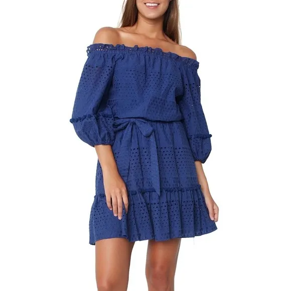 Parker Haven Eyelet Ruffle Tiered Pompon Balls Navy Blue A-Line Belted Dress