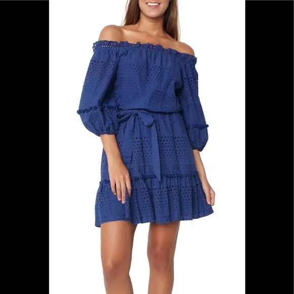 Parker Haven Eyelet Ruffle Tiered Pompon Balls Navy Blue A-Line Belted Dress