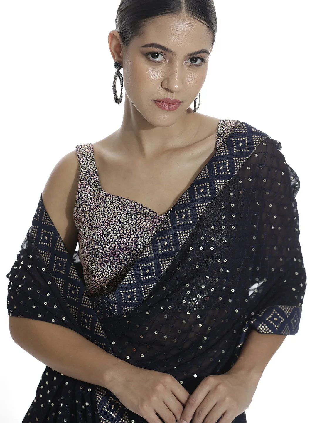 Party Wear Sequin Work Georgette Blue Saree