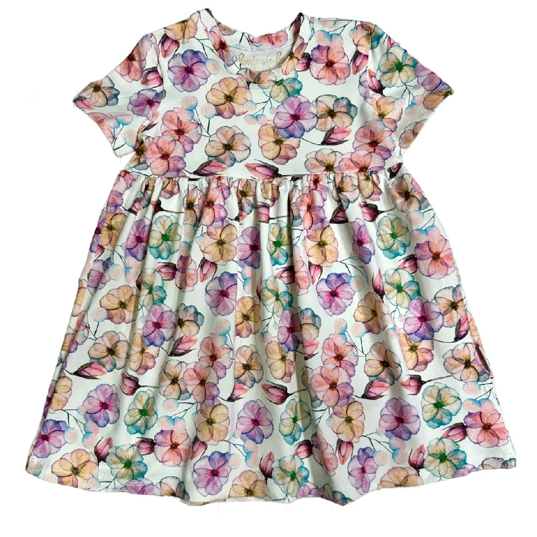 Pastel Floral Gathered Short Sleeve Play Dress Stretch Knit