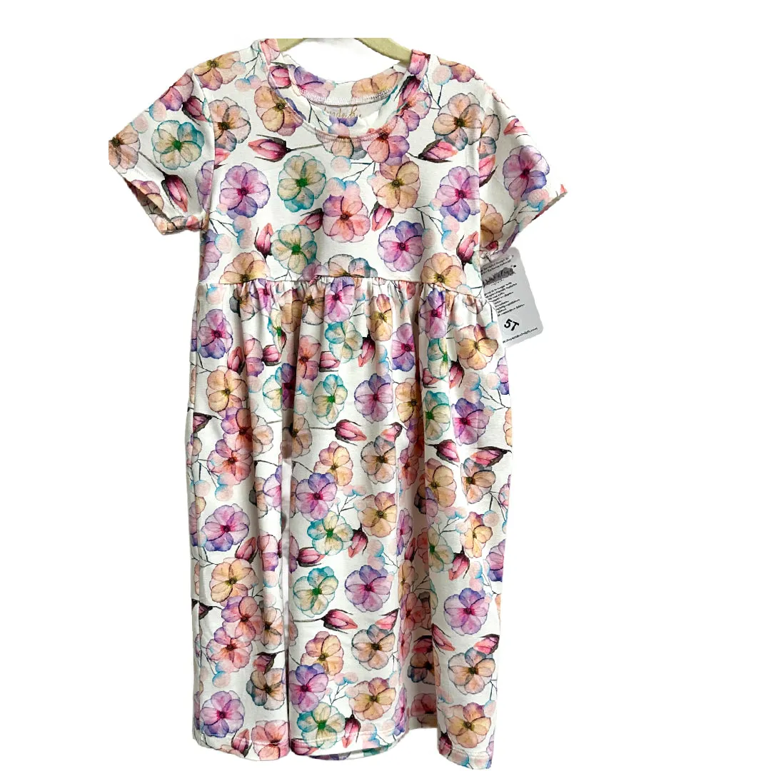 Pastel Floral Gathered Short Sleeve Play Dress Stretch Knit