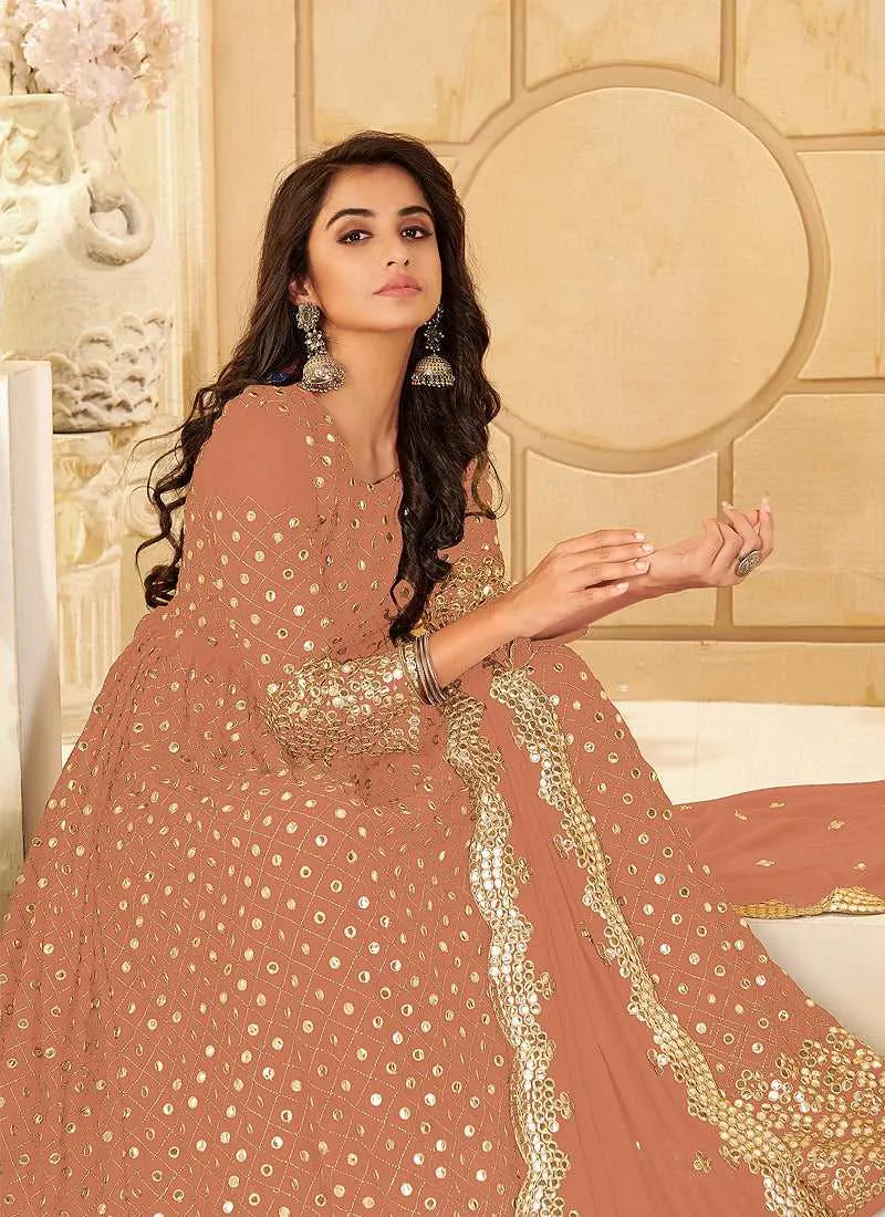 Peach And Gold Mirror Embroidered Kalidar Gown Style Anarkali
