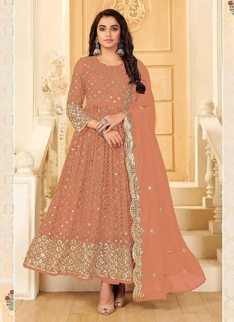Peach And Gold Mirror Embroidered Kalidar Gown Style Anarkali