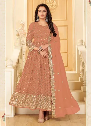 Peach And Gold Mirror Embroidered Kalidar Gown Style Anarkali