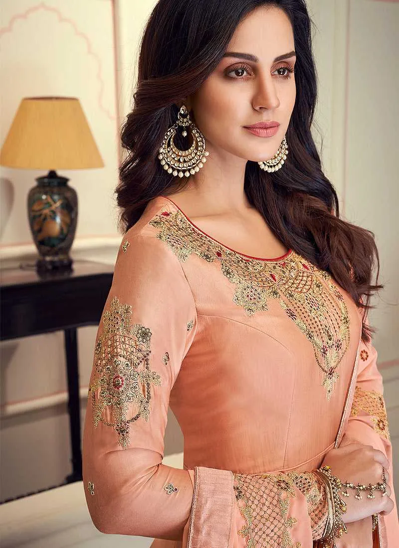 Peach Colored Kalidar Embroidered Silk Voluptuous Gown