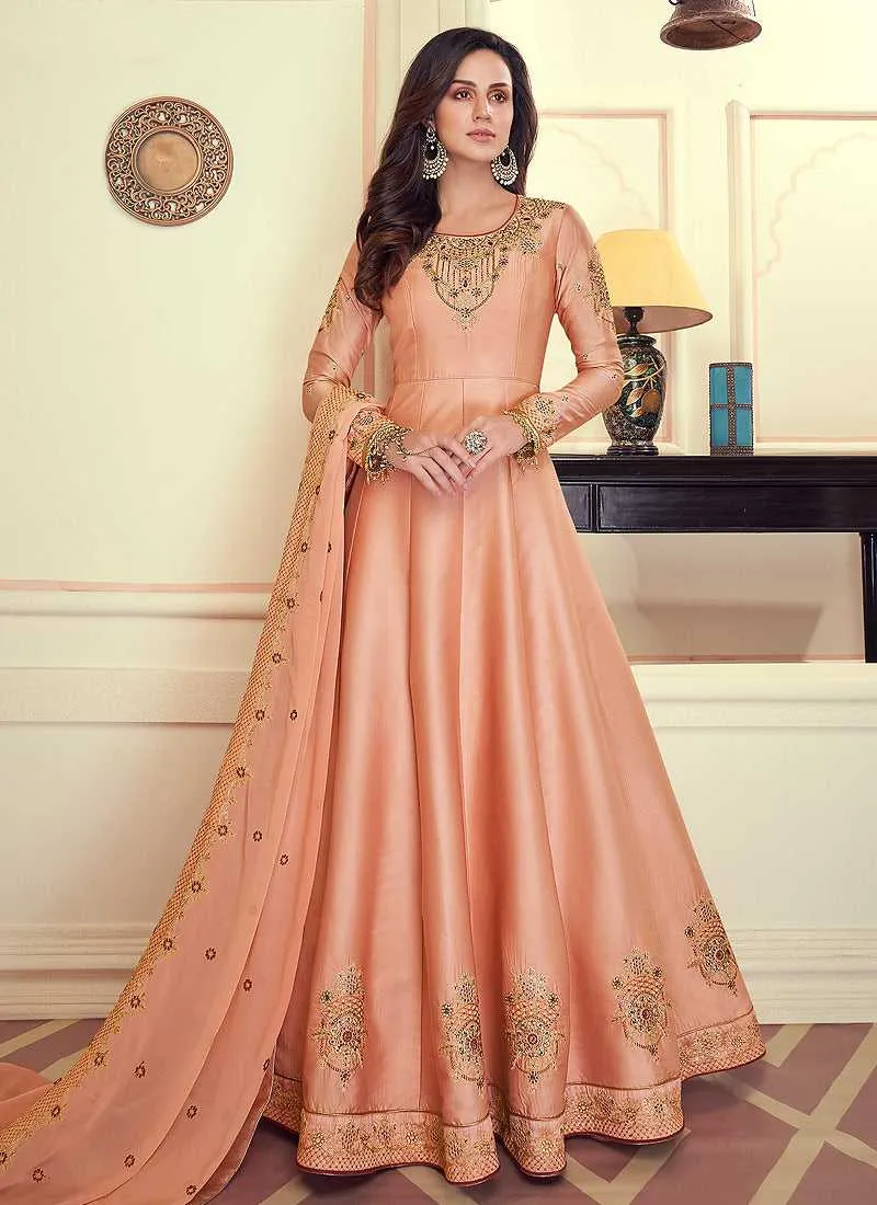 Peach Colored Kalidar Embroidered Silk Voluptuous Gown