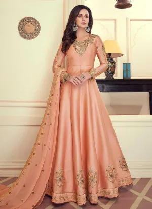 Peach Colored Kalidar Embroidered Silk Voluptuous Gown
