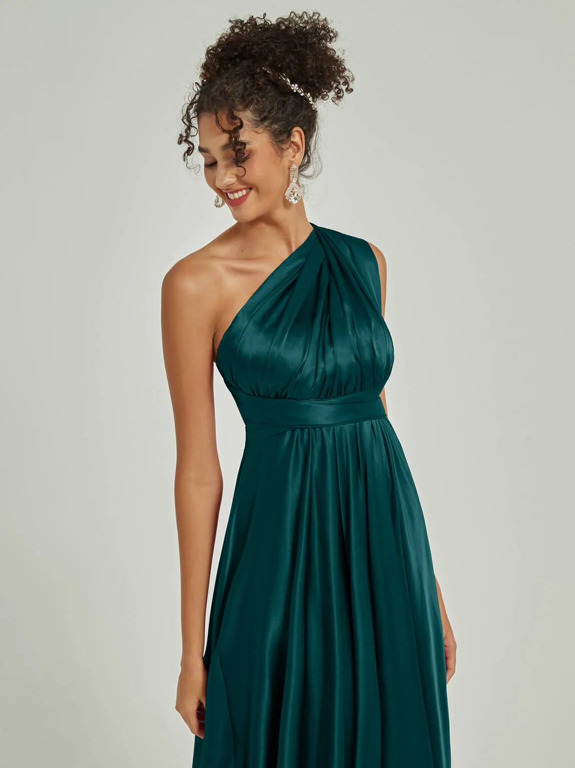 Peacock Satin Convertible Bridesmaid Dress Multi Ways Wrap A-Line Gowns
