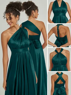 Peacock Satin Convertible Bridesmaid Dress Multi Ways Wrap A-Line Gowns