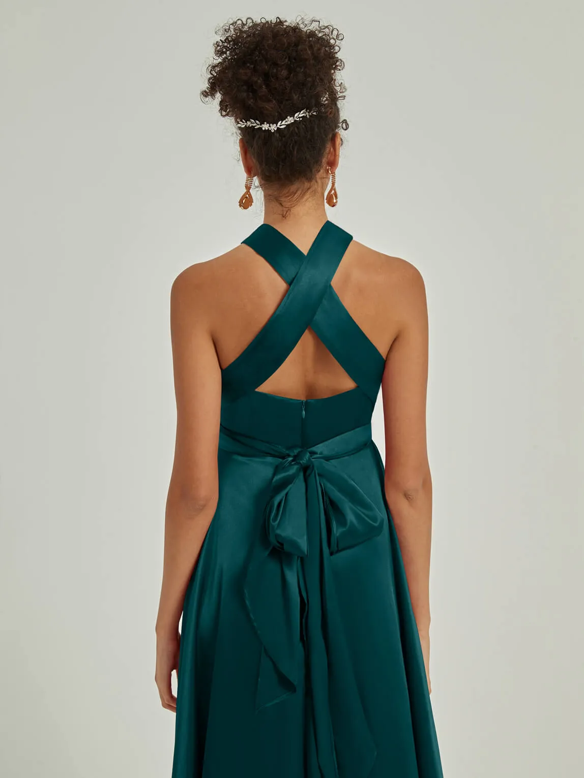 Peacock Satin Convertible Bridesmaid Dress Multi Ways Wrap A-Line Gowns