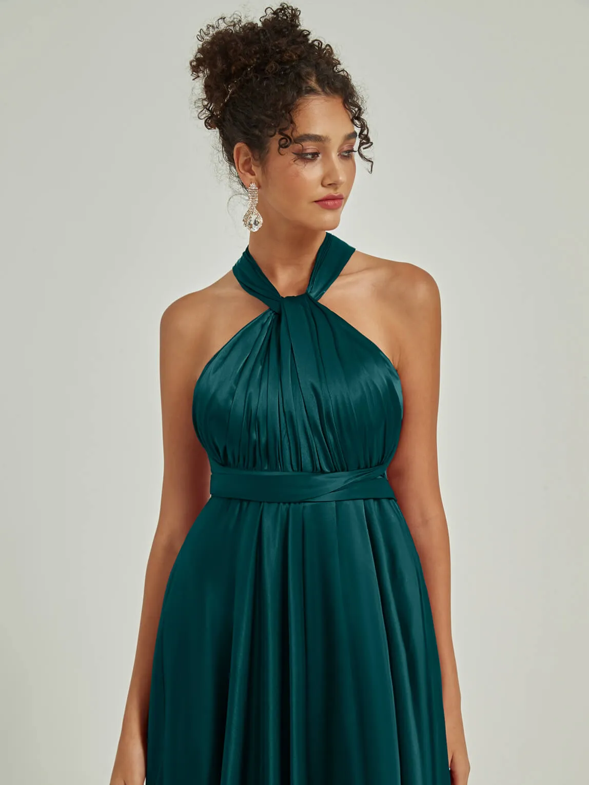 Peacock Satin Convertible Bridesmaid Dress Multi Ways Wrap A-Line Gowns