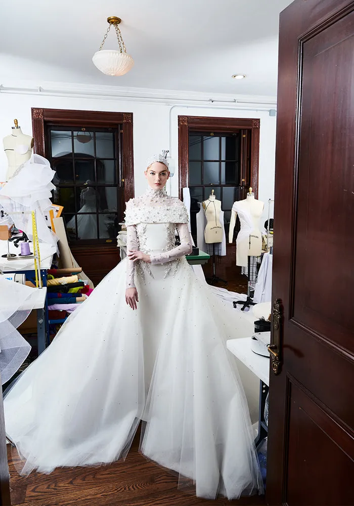 Pearl and Crystal Beaded Off the Shoulder Column Gown with Overskirt