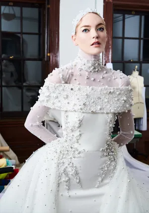 Pearl and Crystal Beaded Off the Shoulder Column Gown with Overskirt