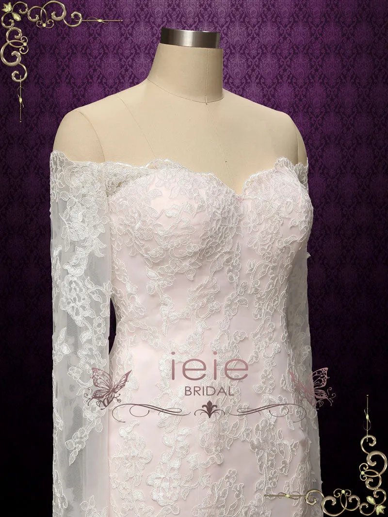 Pearl Pink Vintage Style Lace Wedding Dress with Off Shoulder Long Sleeves MEG