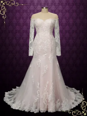 Pearl Pink Vintage Style Lace Wedding Dress with Off Shoulder Long Sleeves MEG