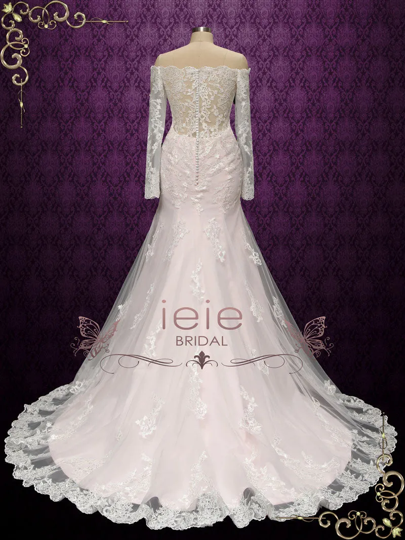Pearl Pink Vintage Style Lace Wedding Dress with Off Shoulder Long Sleeves MEG