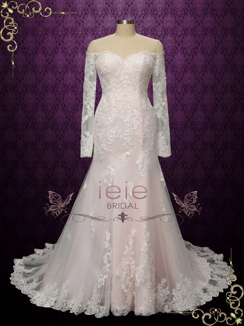Pearl Pink Vintage Style Lace Wedding Dress with Off Shoulder Long Sleeves MEG
