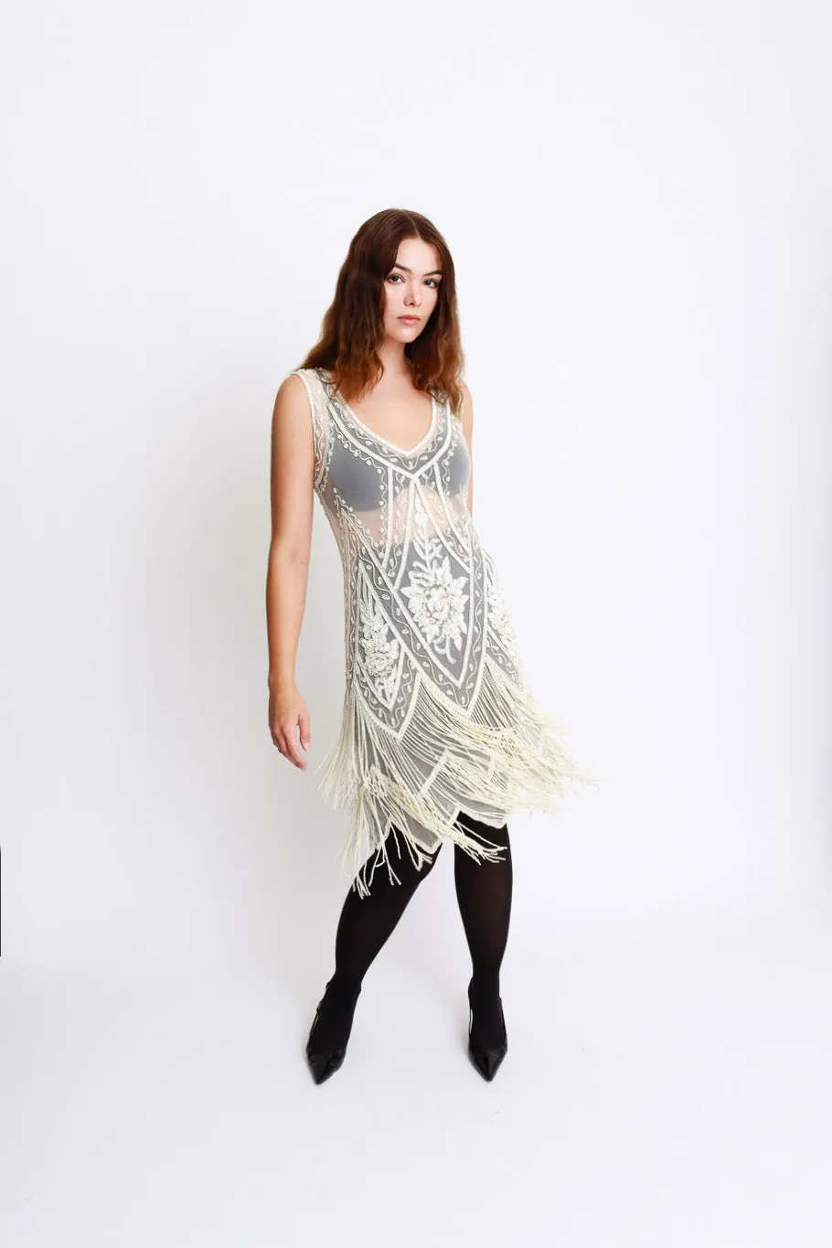 Pearl White Beaded Fringe Flapper Dress