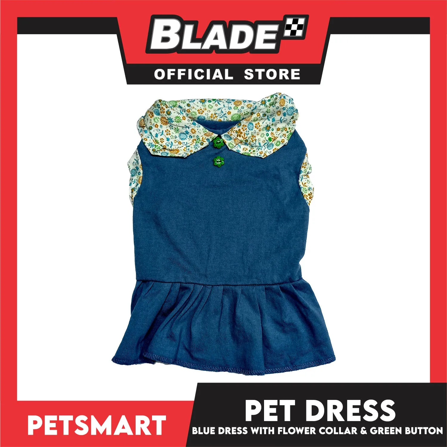 Pet Dress Blue with Flower Collar and Green Button Design DG-CTN185M (Medium)