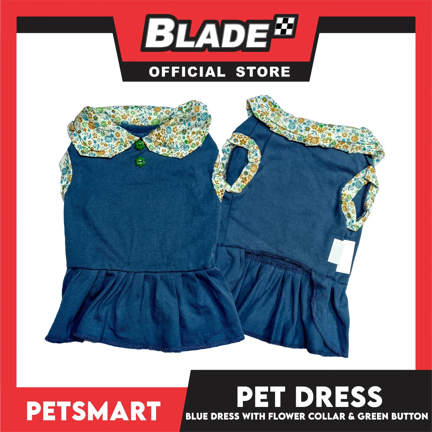 Pet Dress Blue with Flower Collar and Green Button Design DG-CTN185M (Medium)