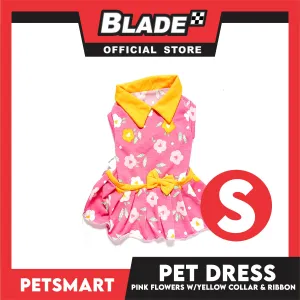 Pet Dress Pink Flowers With Yellow Collar And Ribbon Dress DG-CTN120S (Small) Perfect Fit For Dogs And Cats, Pet Dress Clothes, Soft and Comfortable Pet Clothing