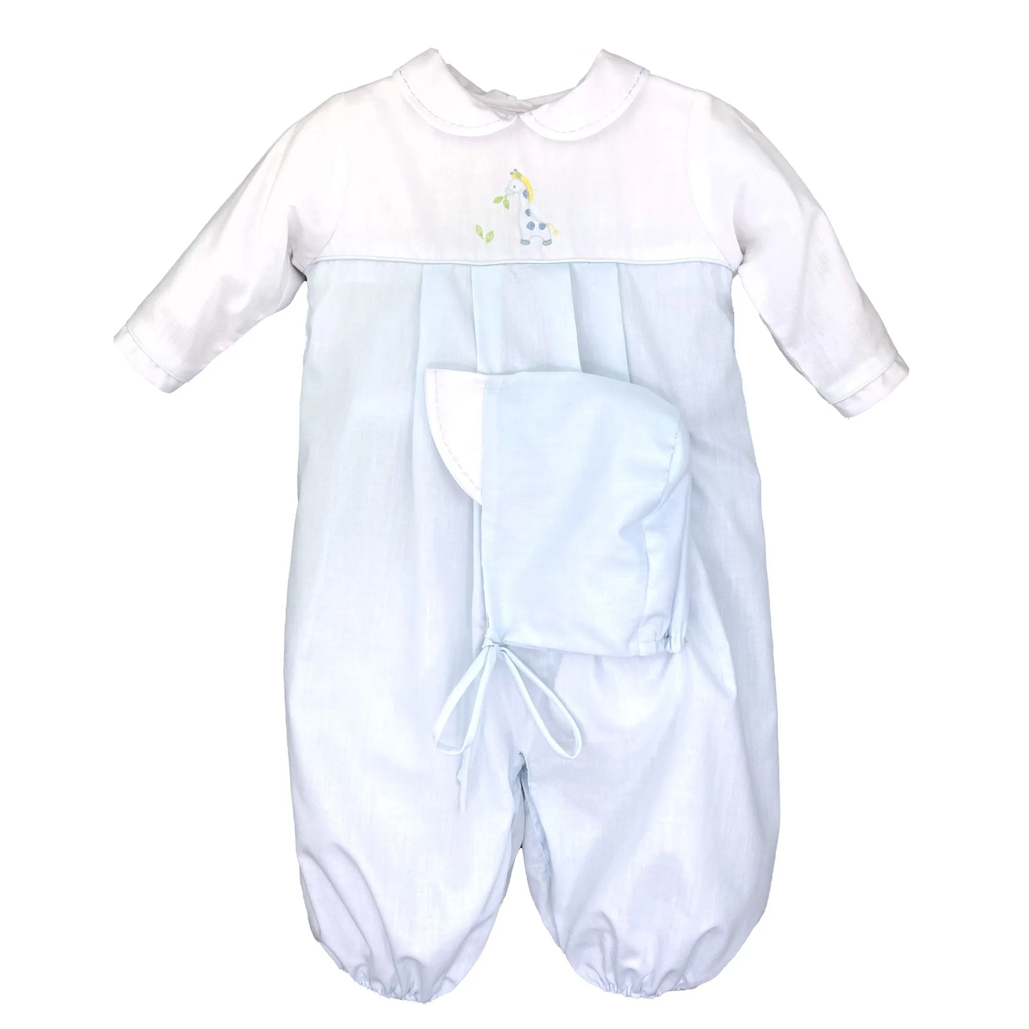 Petit Ami Baby Boys White & Blue Giraffe 2pc Convertible Gown to Romper Preemie & Newborn