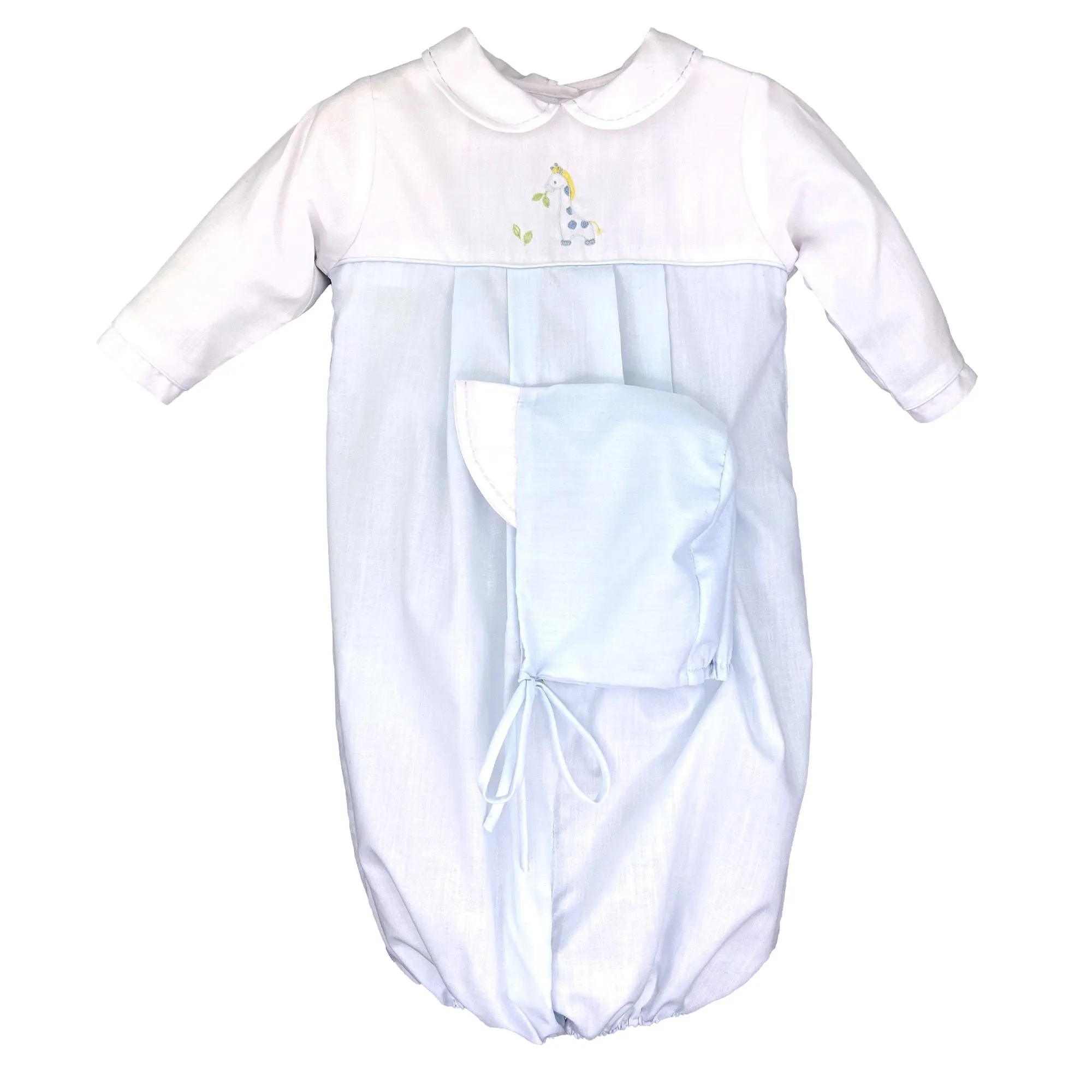 Petit Ami Baby Boys White & Blue Giraffe 2pc Convertible Gown to Romper Preemie & Newborn
