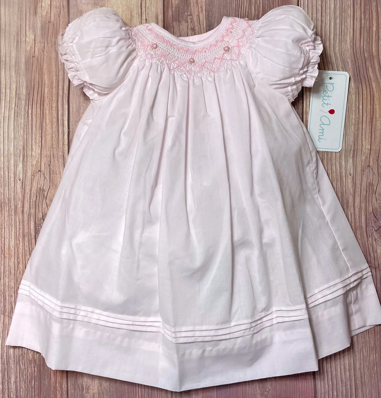 Petit Ami Girls Pink Bishop with Pearls Smocked Dress 12 18 24 Months