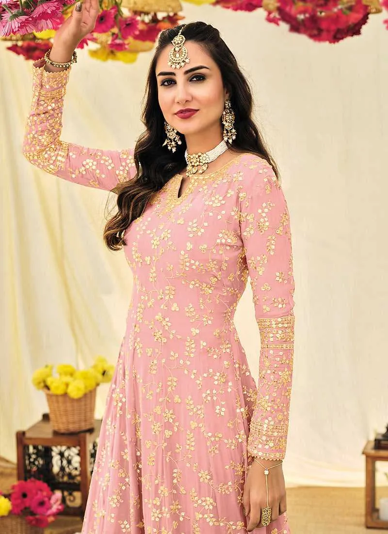 Pink and Gold Heavy Embroidered Kalidar Anarkali