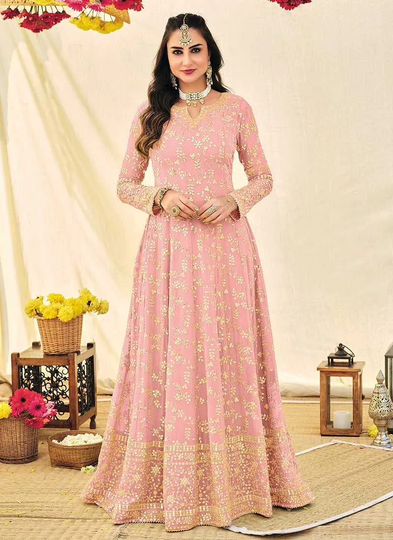 Pink and Gold Heavy Embroidered Kalidar Anarkali