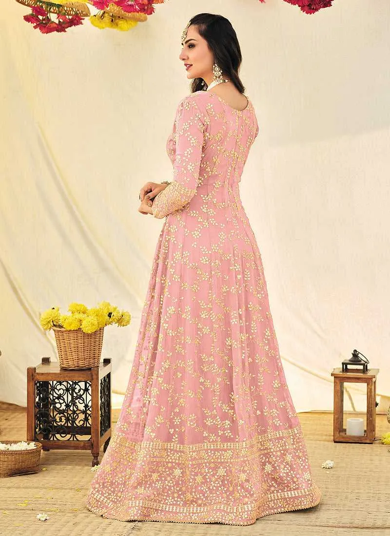 Pink and Gold Heavy Embroidered Kalidar Anarkali