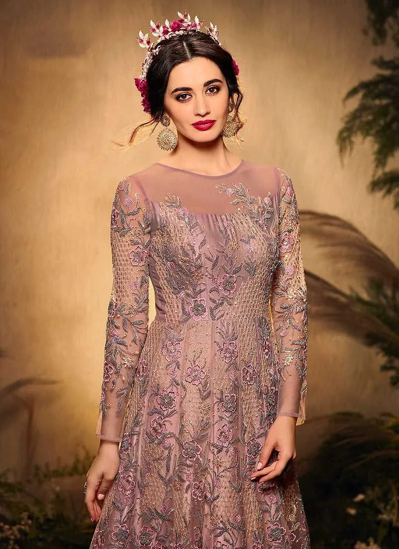 Pink and Gold Heavy Embroidered Kalidar Gown Style Anarkali