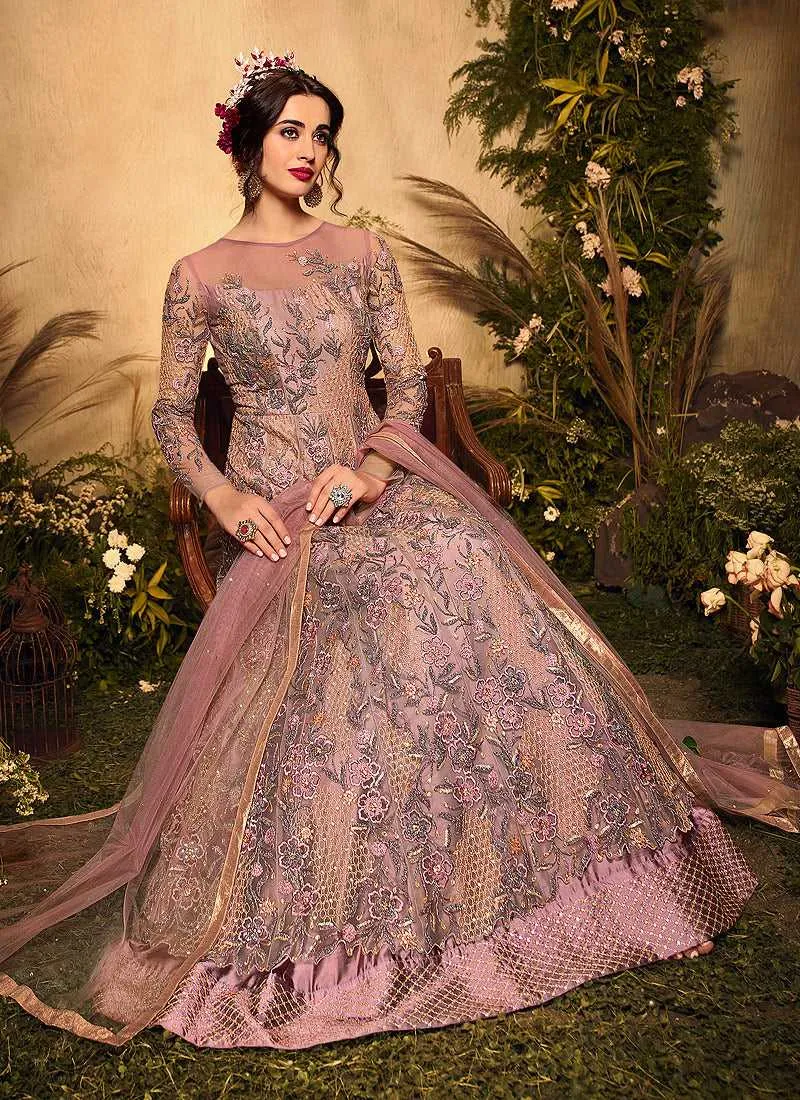 Pink and Gold Heavy Embroidered Kalidar Gown Style Anarkali